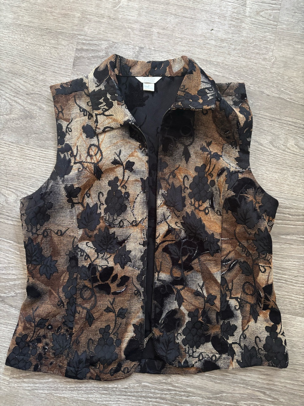 Christopher & Banks Black Floral Brocade Vest with Gold Accents